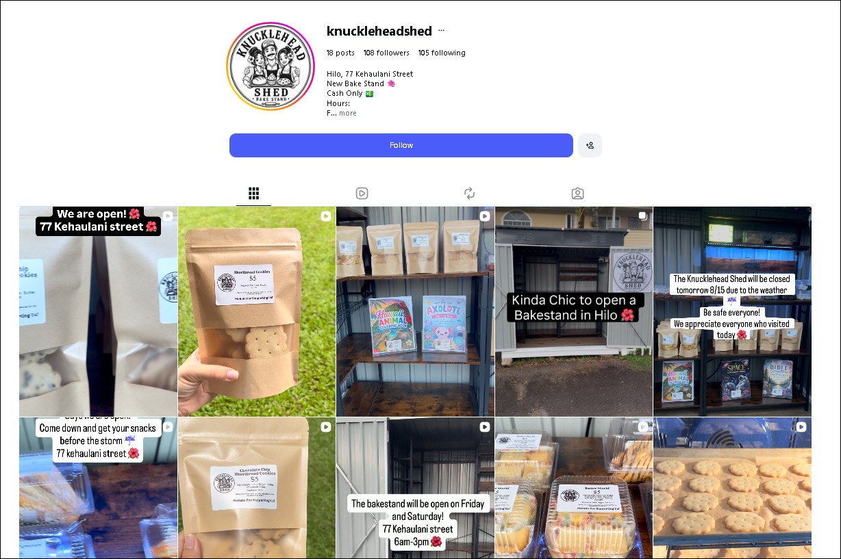Knucklehead Shed Instagram - bake stand in Hilo